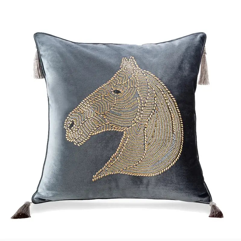 Luxury gold rhinestone square pillow with beaded horse bedroom accent