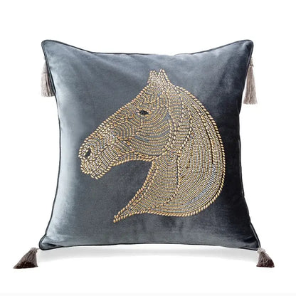 Luxury gold rhinestone square pillow with beaded horse bedroom accent