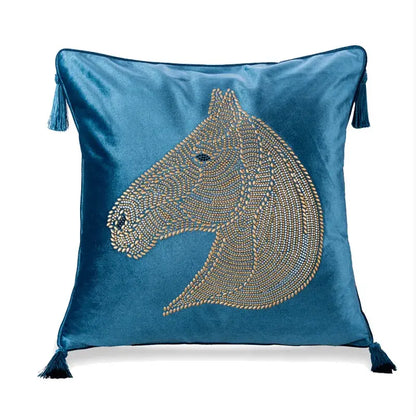 Luxury gold rhinestone square pillow with beaded horse bedroom accent