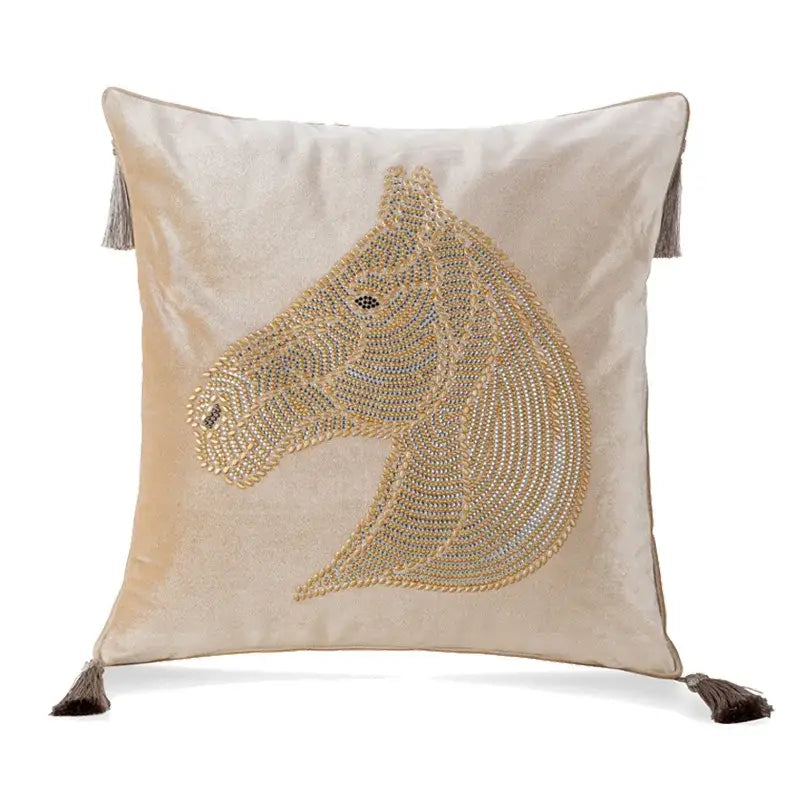 Luxury gold rhinestone square pillow with beaded horse bedroom accent