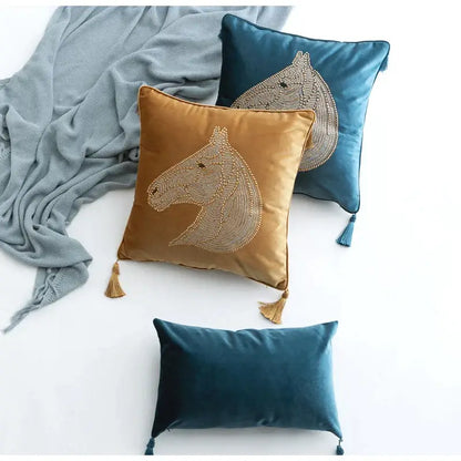 Luxury gold rhinestone square pillow with beaded horse bedroom accent