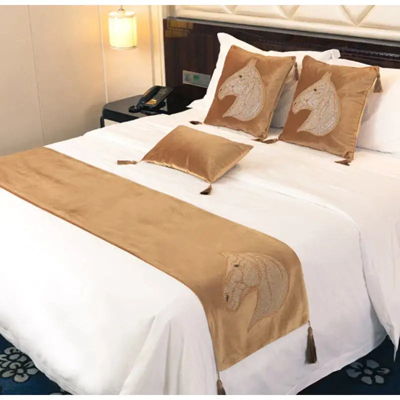 Luxury gold rhinestone square pillow with beaded horse bedroom accent