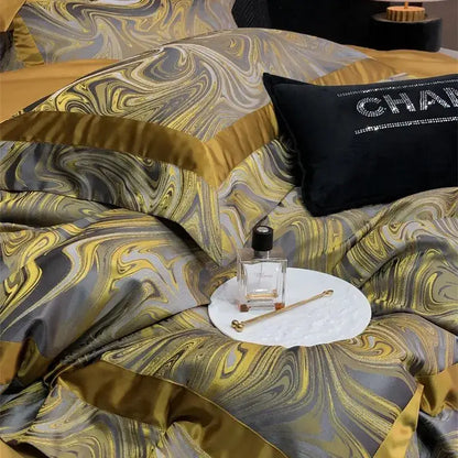 Luxury gold & silver brocade satin jacquard bedding set bedroom