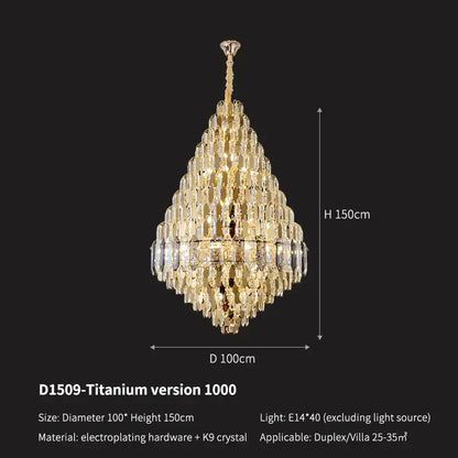 Luxury gold tiered crystal pendant chandelier dining room light