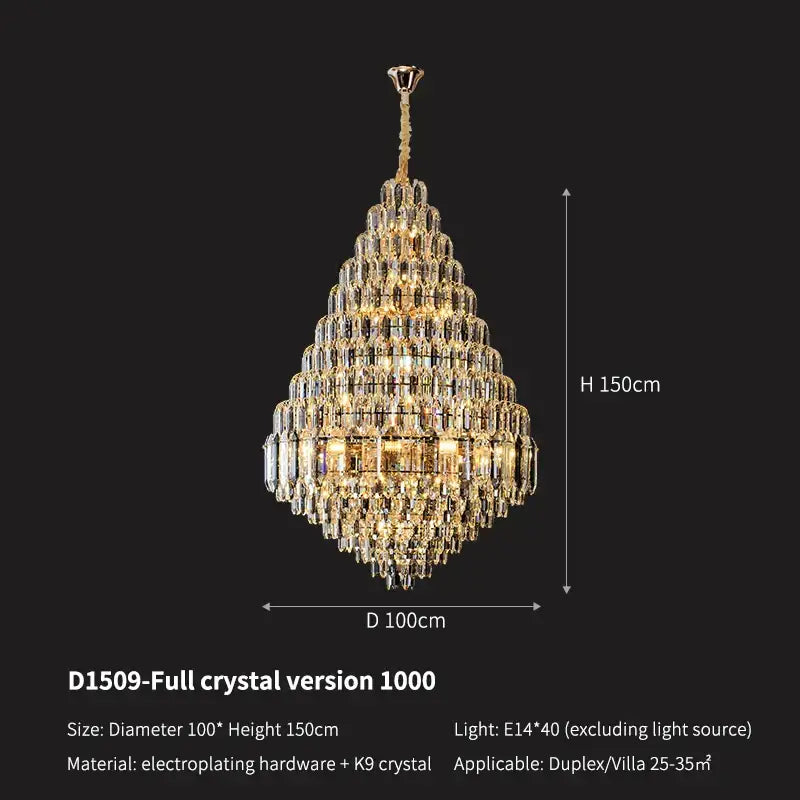 Luxury gold tiered crystal pendant chandelier dining room light