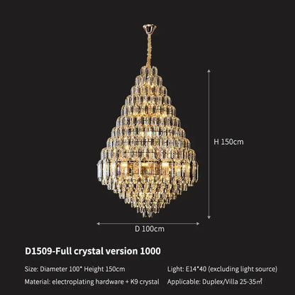 Luxury gold tiered crystal pendant chandelier dining room light