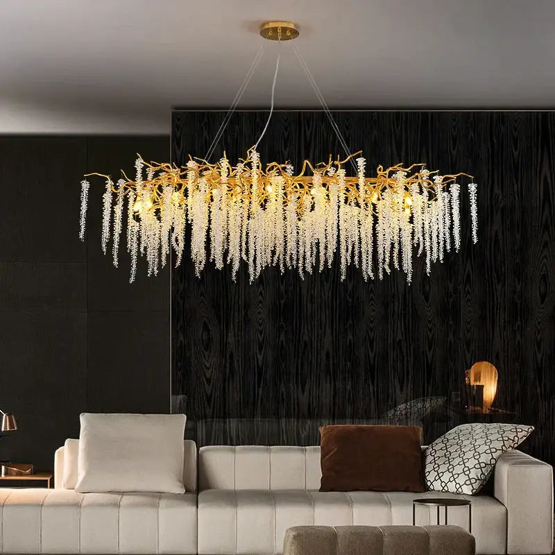 Luxury golden branch crystal tassel led chandelier dining room light