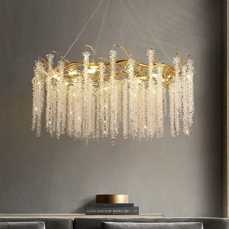 Luxury golden branch crystal tassel led chandelier dining room light