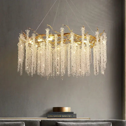 Luxury golden branch crystal tassel led chandelier dining room light