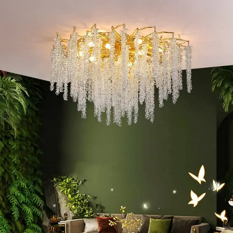 Luxury golden branch crystal tassel led chandelier dining room light