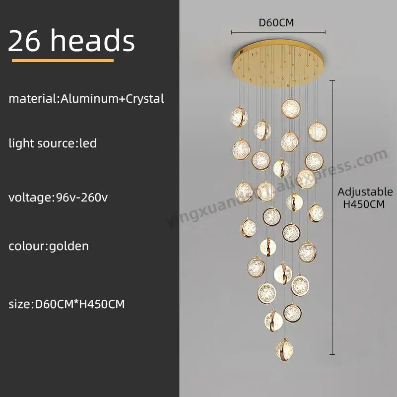 Luxury golden crystal ball led rotating stair chandelier