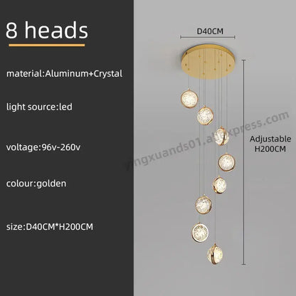 Luxury golden crystal ball led rotating stair chandelier