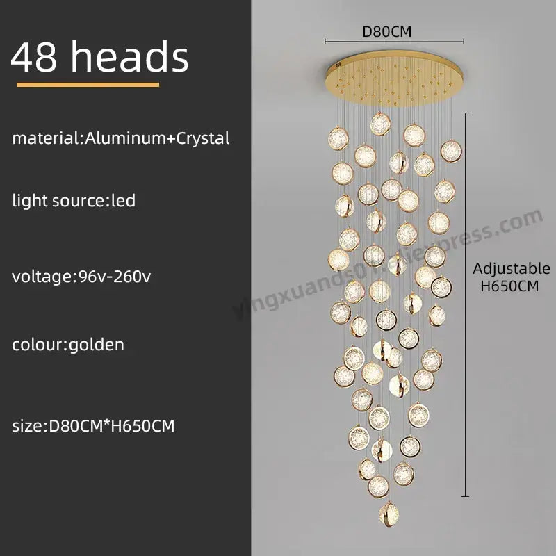 Luxury golden crystal ball led rotating stair chandelier