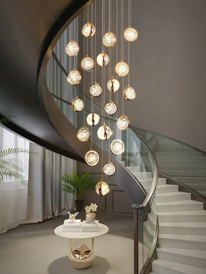 Luxury golden crystal ball led rotating stair chandelier