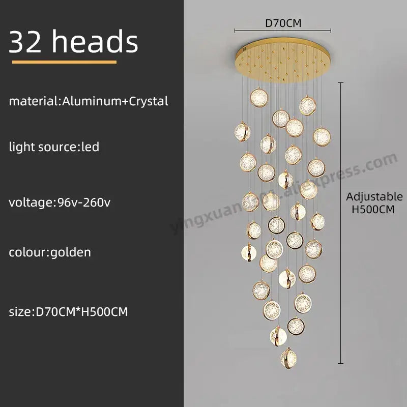Luxury golden crystal ball led rotating stair chandelier