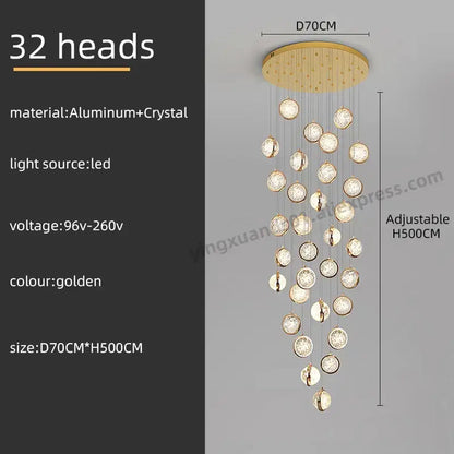 Luxury golden crystal ball led rotating stair chandelier
