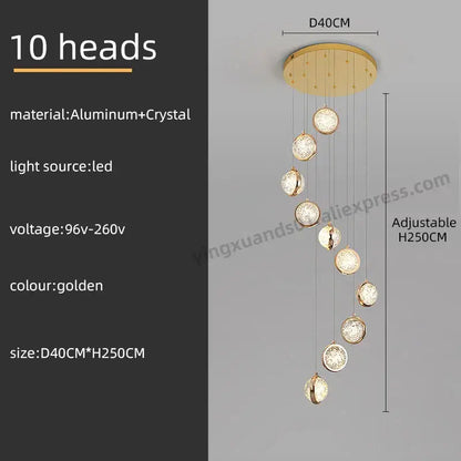 Luxury golden crystal ball led rotating stair chandelier