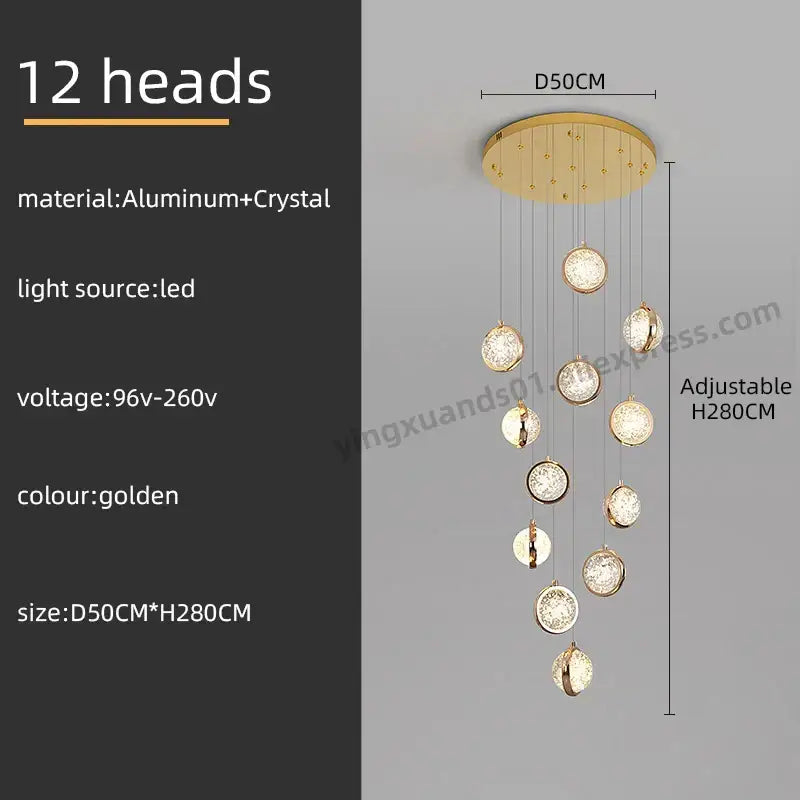 Luxury golden crystal ball led rotating stair chandelier