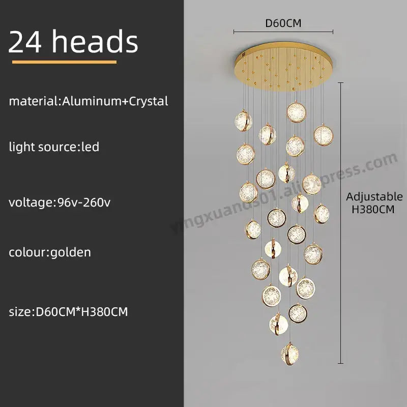 Luxury golden crystal ball led rotating stair chandelier