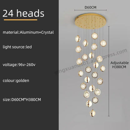 Luxury golden crystal ball led rotating stair chandelier