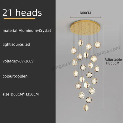 Luxury golden crystal ball led rotating stair chandelier