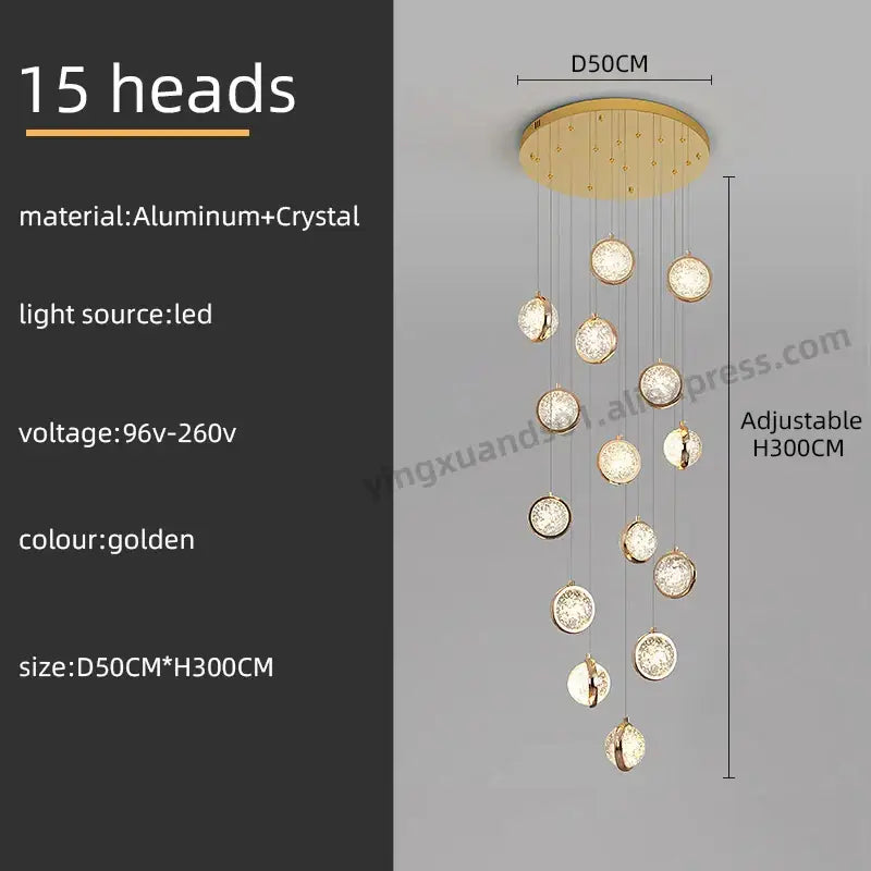 Luxury golden crystal ball led rotating stair chandelier