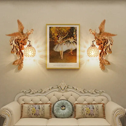 Luxury golden dragon phoenix wall light living room glass sconce