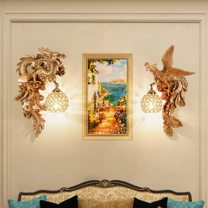 Luxury golden dragon phoenix wall light living room glass sconce