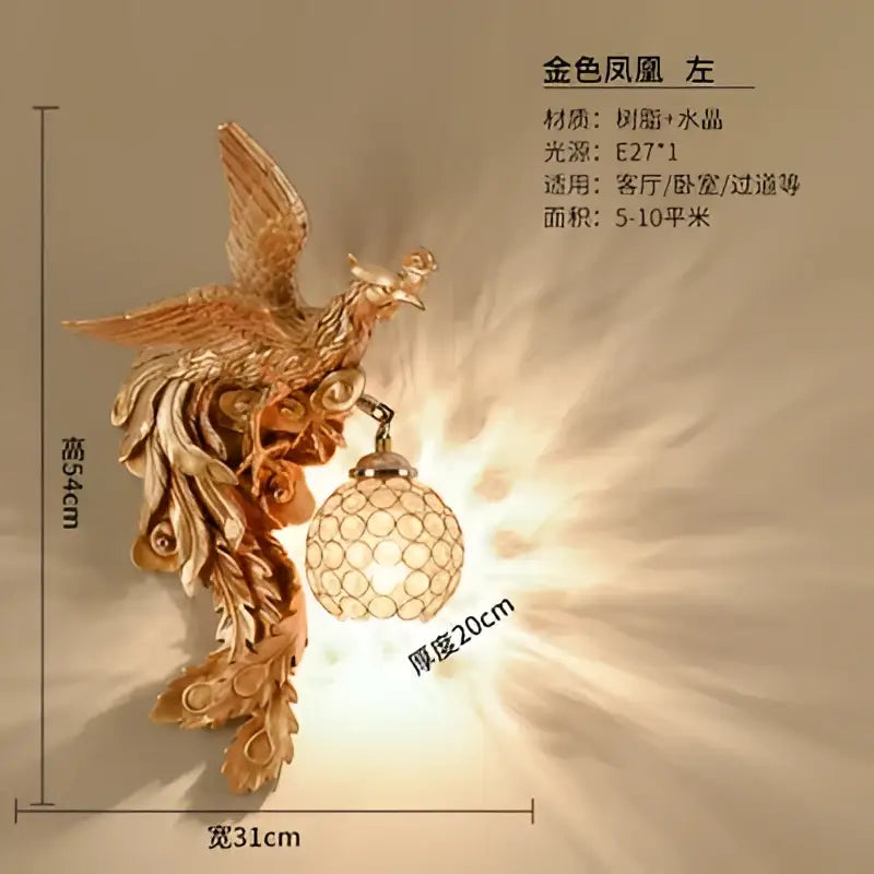Luxury golden dragon phoenix wall light living room glass sconce