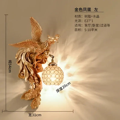 Luxury golden dragon phoenix wall light living room glass sconce