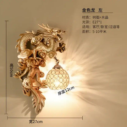 Luxury golden dragon phoenix wall light living room glass sconce