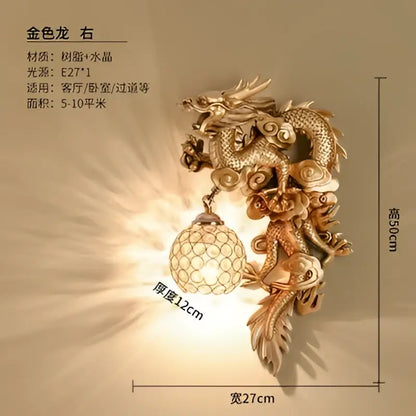 Luxury golden dragon phoenix wall light living room glass sconce