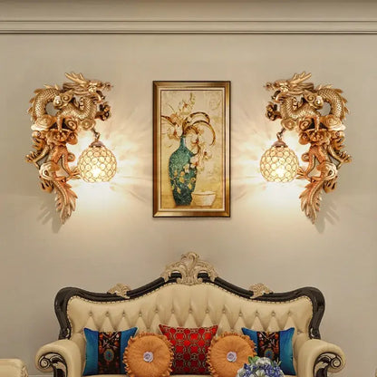 Luxury golden dragon phoenix wall light living room glass sconce
