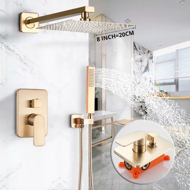 Luxury golden hammered rectangular shower faucet set bathroom rain tap