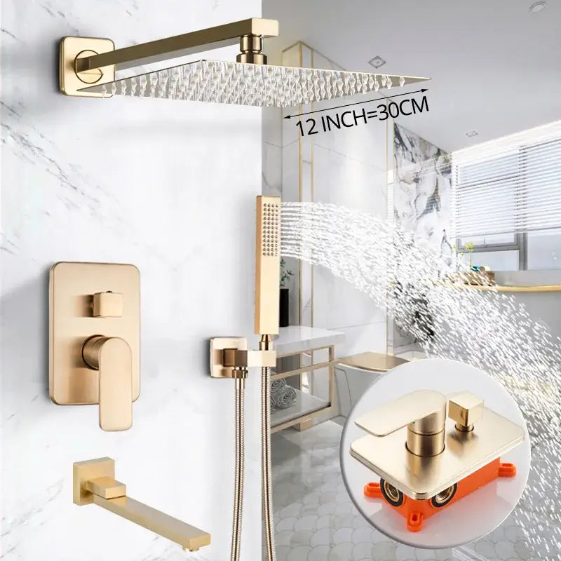 Luxury golden hammered rectangular shower faucet set bathroom rain tap