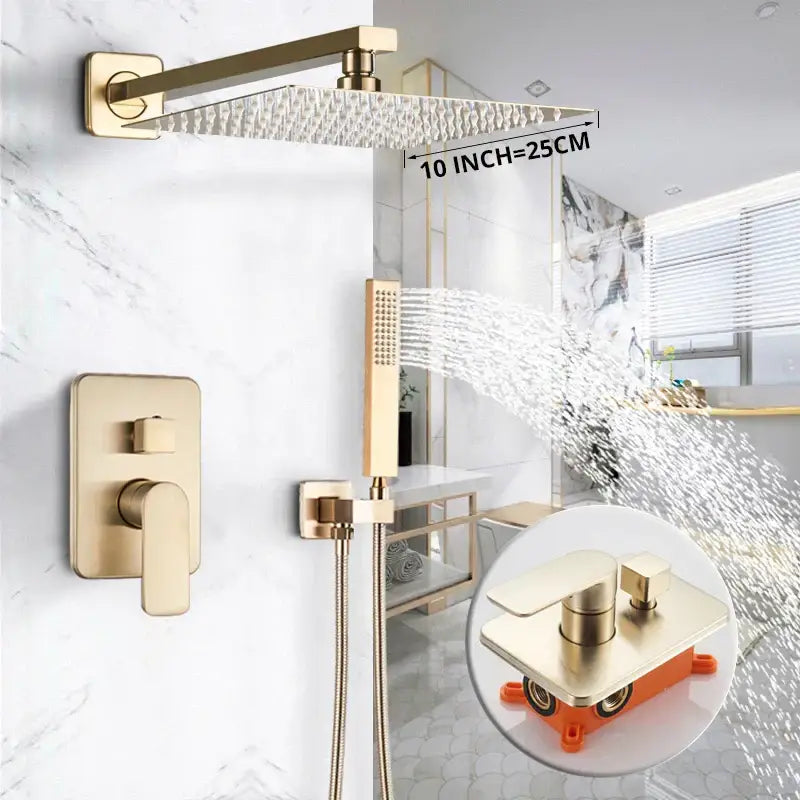 Luxury golden hammered rectangular shower faucet set bathroom rain tap