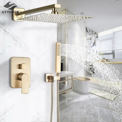 Luxury golden hammered rectangular shower faucet set bathroom rain tap