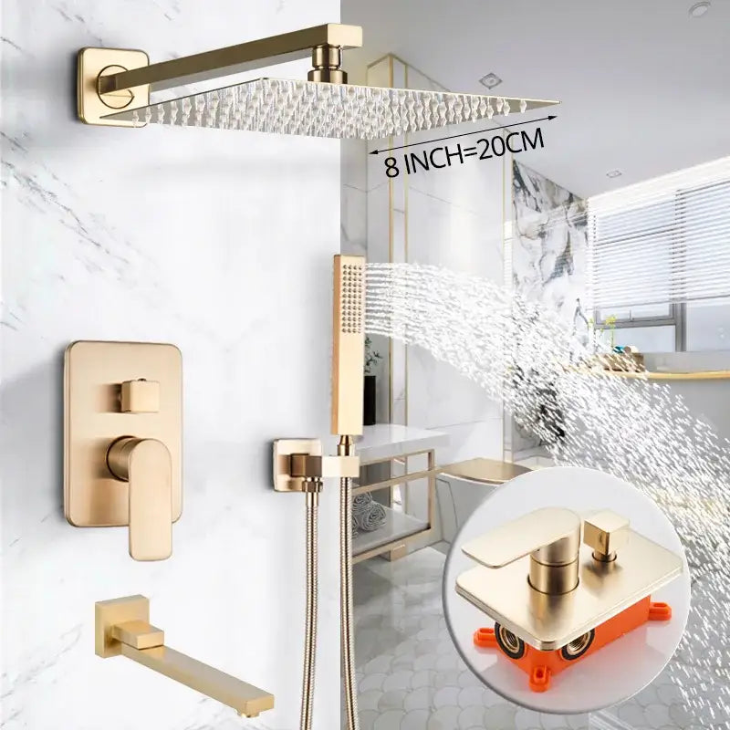 Luxury golden hammered rectangular shower faucet set bathroom rain tap