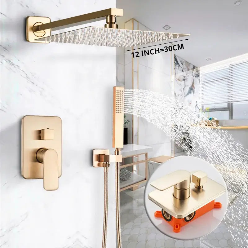 Luxury golden hammered rectangular shower faucet set bathroom rain tap