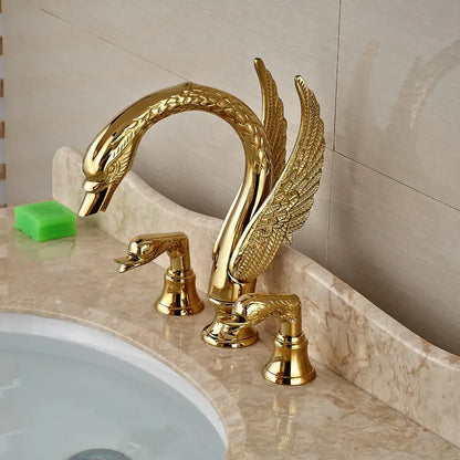 Luxury golden swan dual handle bathroom faucet with feather detail