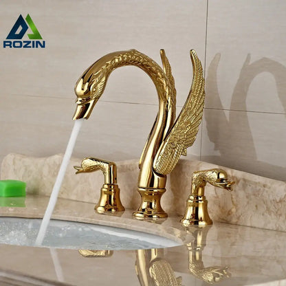 Luxury golden swan dual handle bathroom faucet with feather detail