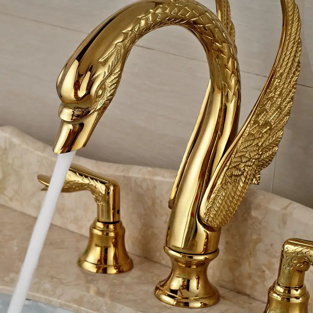 Luxury golden swan dual handle bathroom faucet with feather detail