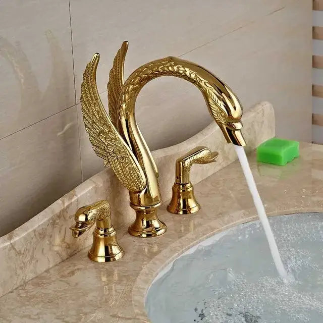 Luxury golden swan dual handle bathroom faucet with feather detail