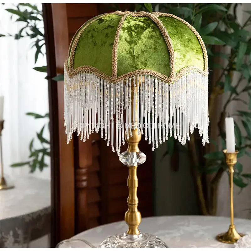 Luxury green velvet tasseling lampshade bedroom crystal fringe
