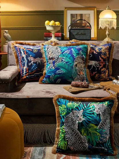 Luxury jungle animal collection cushion cover living room gold fringe