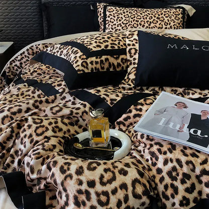 Luxury leopard print lyocell cotton bedding set bedroom satin finish
