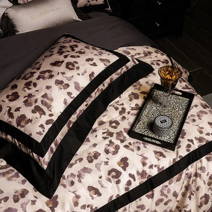 Luxury leopard print satin bedding set bedroom duvet cover cream black