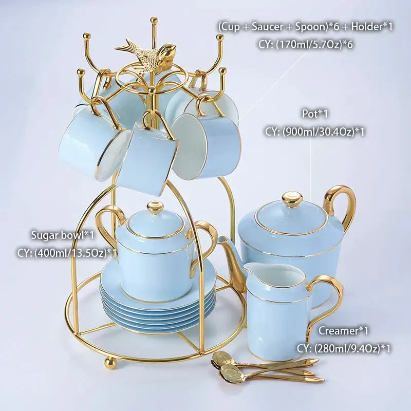 Luxury light blue bone china coffee set with rack dining room