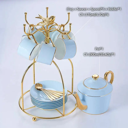 Luxury light blue bone china coffee set with rack dining room