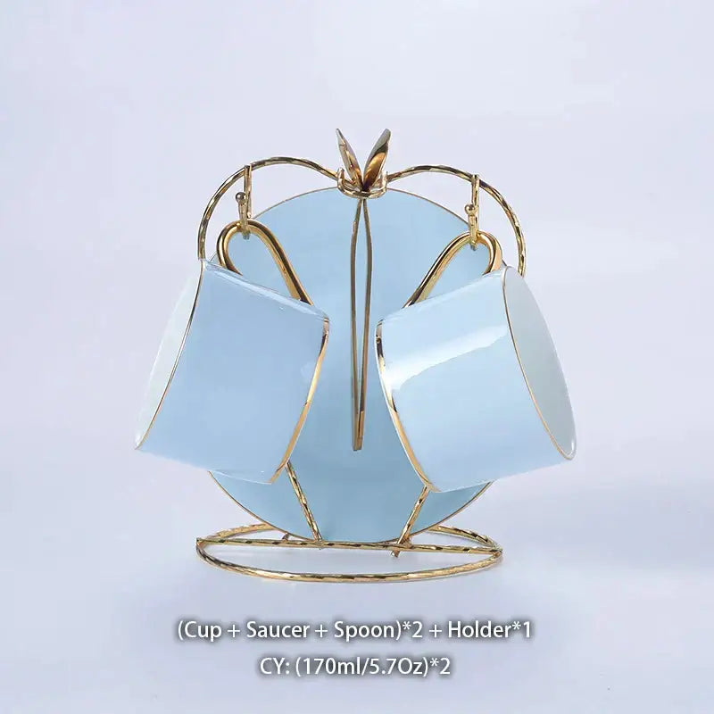 Luxury light blue bone china coffee set with rack dining room